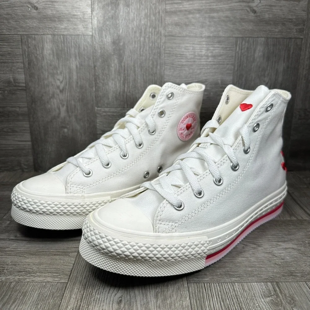 Converse High Top Sneakers Kids 3 White Heart Platform Canvas NEW A10716C